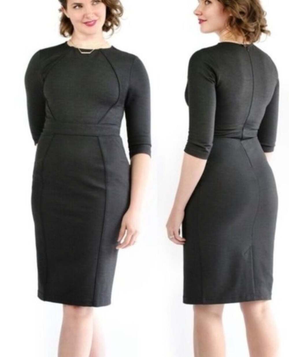 Betabrand Charcoal Gray Work It 3/4-Sleeve Dress Midi Pencil Dress Medium